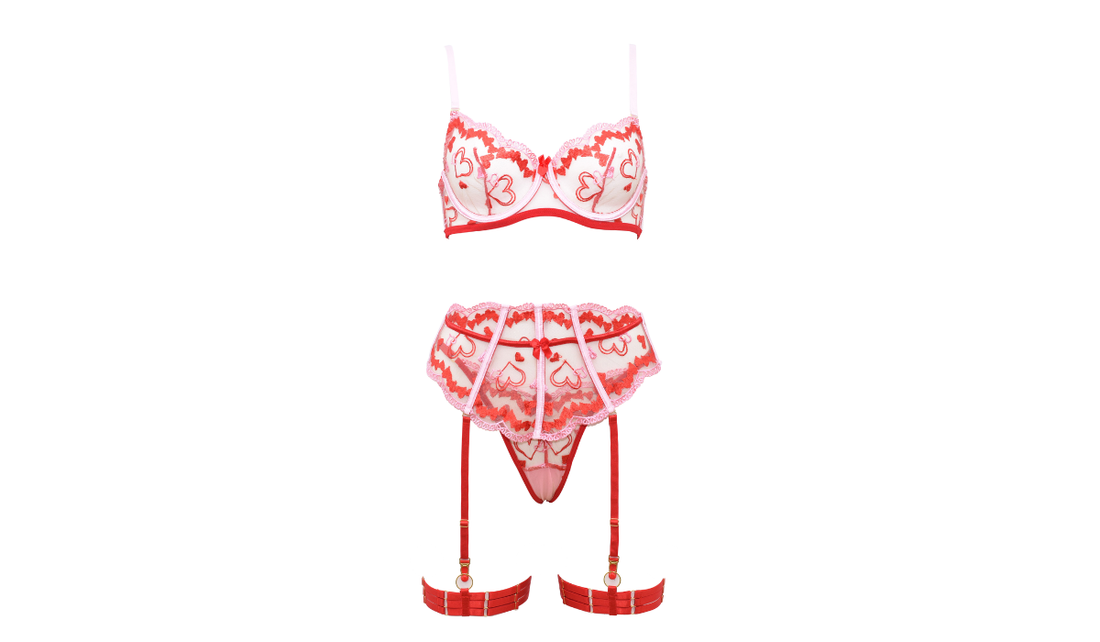 Red embroidered sexy lingerie set with garter straps by Erisca