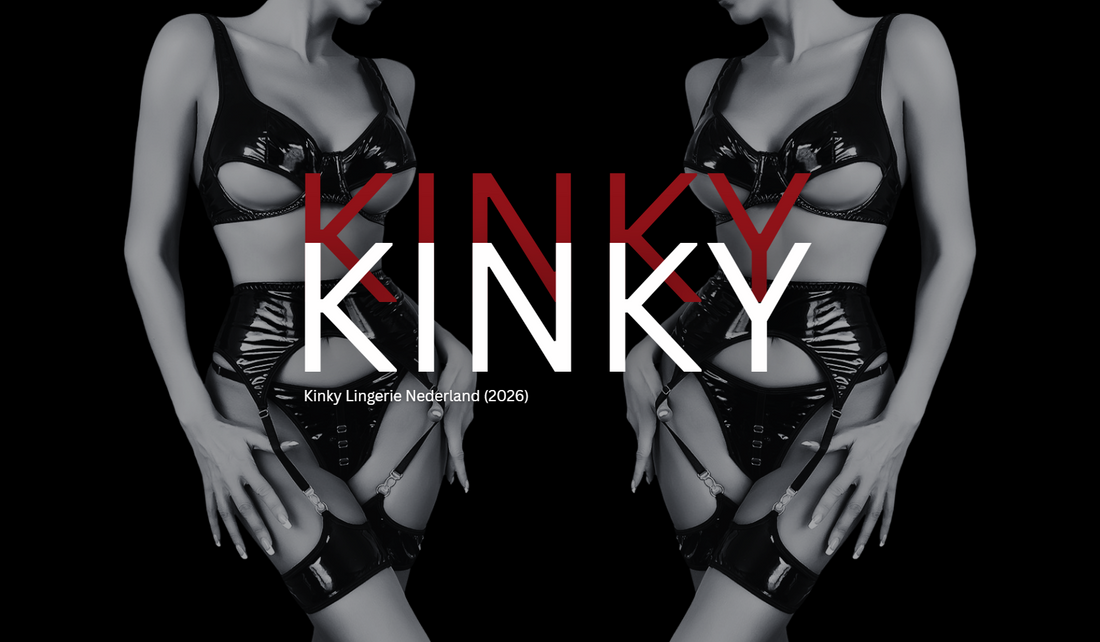 Kinky lingerie Nederland 2026 – zwart leren set met straps en dominante structuur