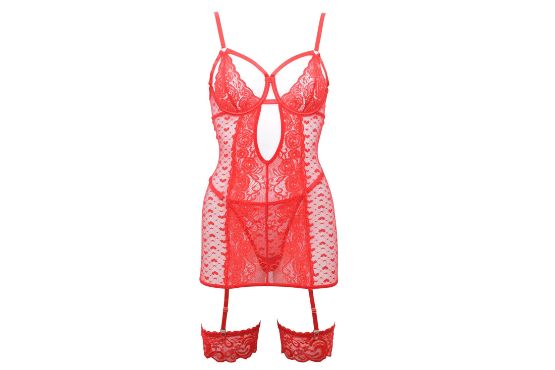 Red lace sexy lingerie chemise with garter straps – front view