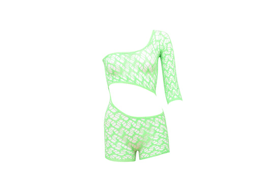 Neon Fishnet One-Shoulder Romper