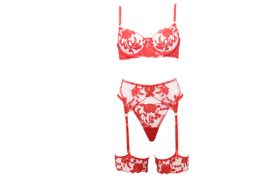 Red Floral Lace Lingerie Set with Leg Garters