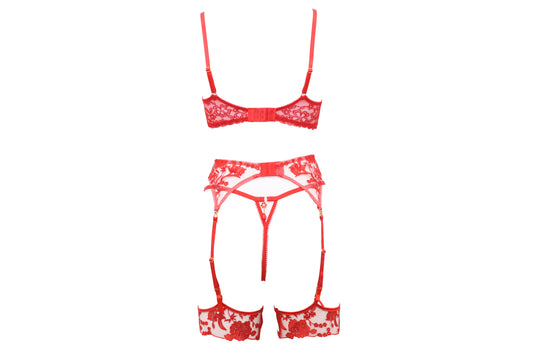 Red Floral Lace Lingerie Set with Leg Garters